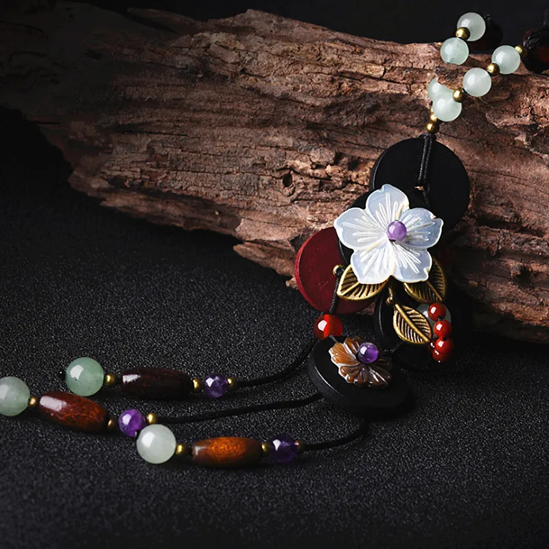 Yanting Long Boho Necklace Women Statement Necklaces Shell Flower Colorful Natural Stone Necklaces For Women Wood Accessories 037