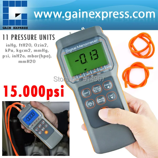 Professional Digital Economic Manometer 15.000psi Gauge &Differential Pressure meter bar mmHg inHg kPa mbar