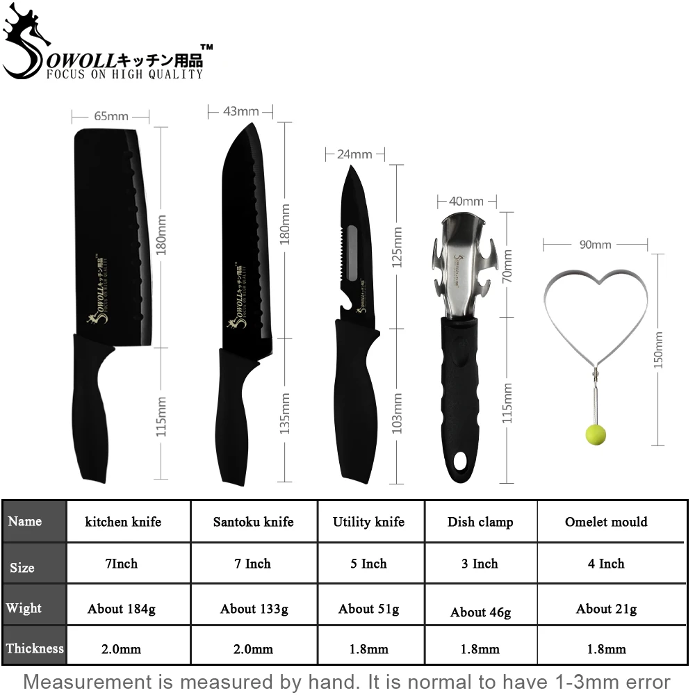 Sowoll Нержавеющая сталь Кухня Ножи с чёрным лезвием, Пластик обработки разделочных нож хозяйственный santoku прихват для посуды приспособление для приготовления омлета пресс-форм