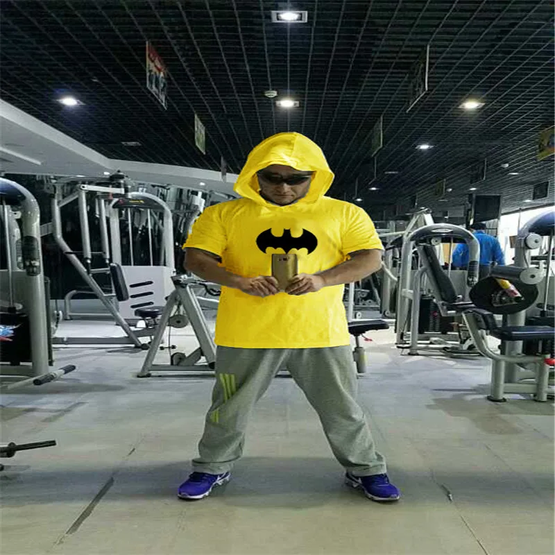 Speed sell pass hot style batman superman printing muscle fitness short-sleeved cotton men's T-shirt with hood with short sleeve