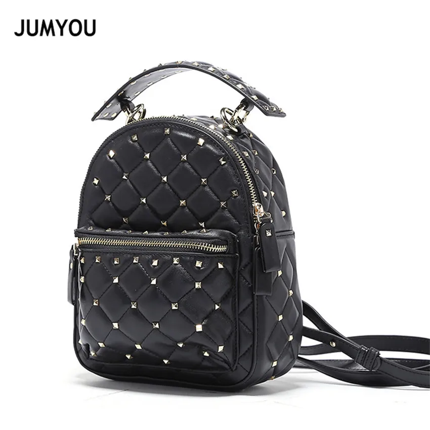 

Genuine Leather Travel Backpacks For Girls Fashion Linge Rivets Sheepskin Backpacks For Female School Bags For Teenage Girls