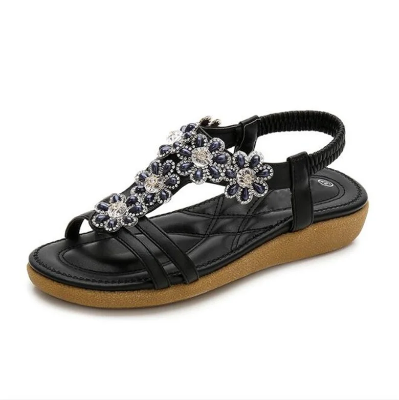 CEYANEAO/ г. Нескользящие износостойкие туфли на плоской подошве Простые Модные сандалии пляжная обувь со стразами и цветами - Цвет: Черный