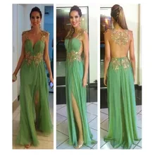 2016 neues Design A-Line Scoop Sheer Zurück Bodenlangen Abendkleid Mit Aplliques Grün Abendkleid Benutzerdefinierte Vestido De Noche