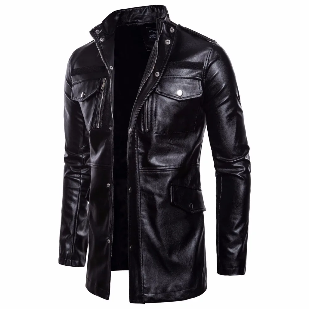 Men's Mid Long Leather Jacket Men Spring Autumn Motorcycle Biker Leather Jackets Coats Male Windbreaker Black Outwear dark brown leather jacket