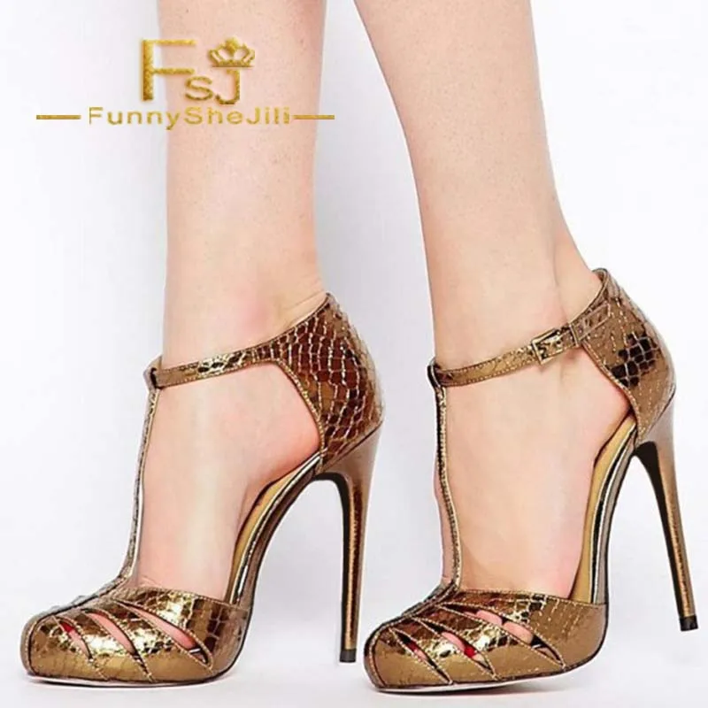 

Gold Metallic Python Hollow Out High Stiletto Heels Ankle T Strap Sandals With Buckle Summer 2019 Fashion Club Prom Evening FSJ