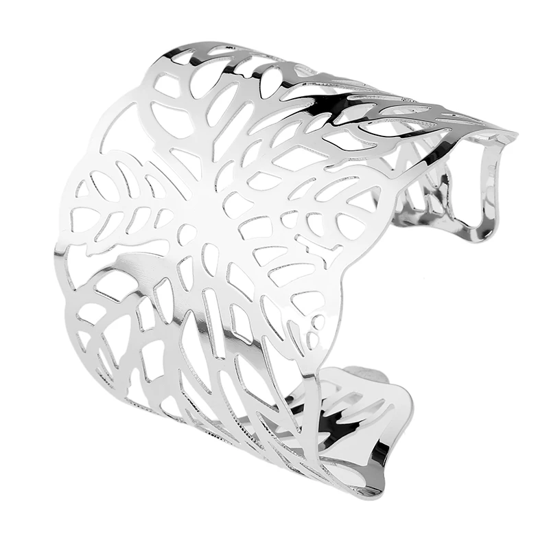 

Fashion Shiny metal Hollow tree leaf pattern Geometric Women Bangles Unique Large Metal Cuff Bangle Jewelry