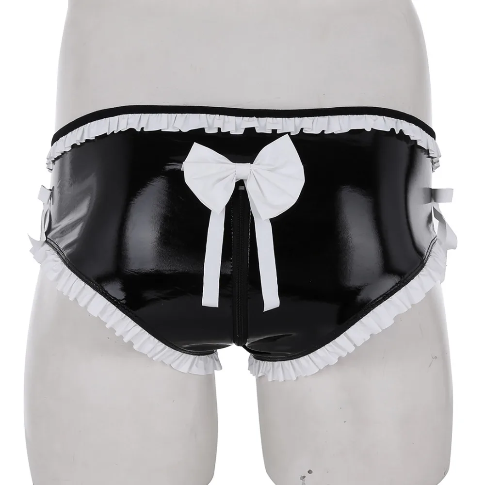 Kaufen Herren Dessous Glänzenden Homosexuell Loch Vorne Offen Penis Homosexuell Männlichen Ring Rüschen Bowknot Zipper Gabelung Sissy Bikini Slip Unterwäsche