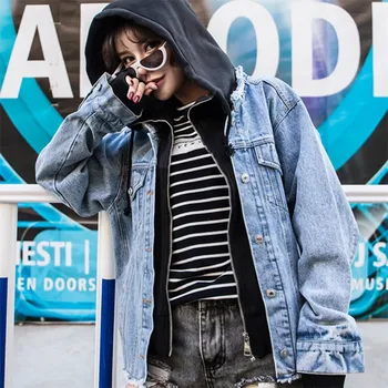 

Harajuku Oversized Denim Jacket Woman Fashion Long Sleeve Loose Hooded Outerwear 2019 Casual Plus Size Denim Coat H163