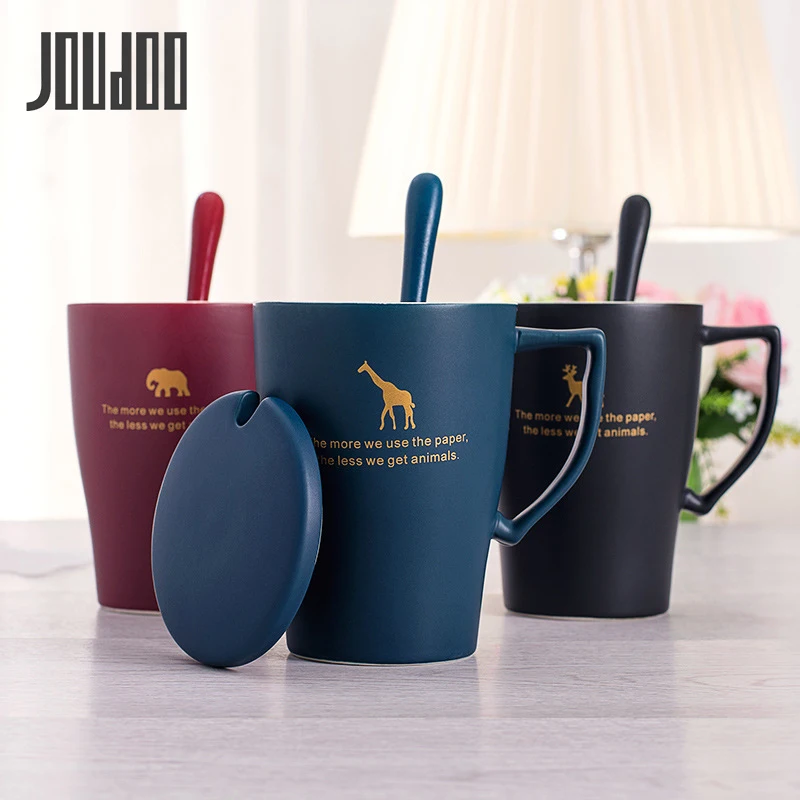 

JOUDOO European style Mug Simple Animal Pattern Ceramics coffee Mugs Lid and Spoon with Gift Box Christmas Gift for Friends 35