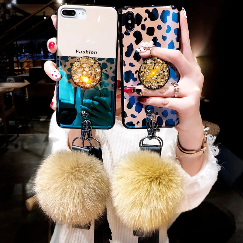 

Luxury Leopard Print Phone Case for iPhone XS Max Female 7 8 6S Plus Soft Tpu Silicone Back Cover Hairball Hanging Rope X Coque