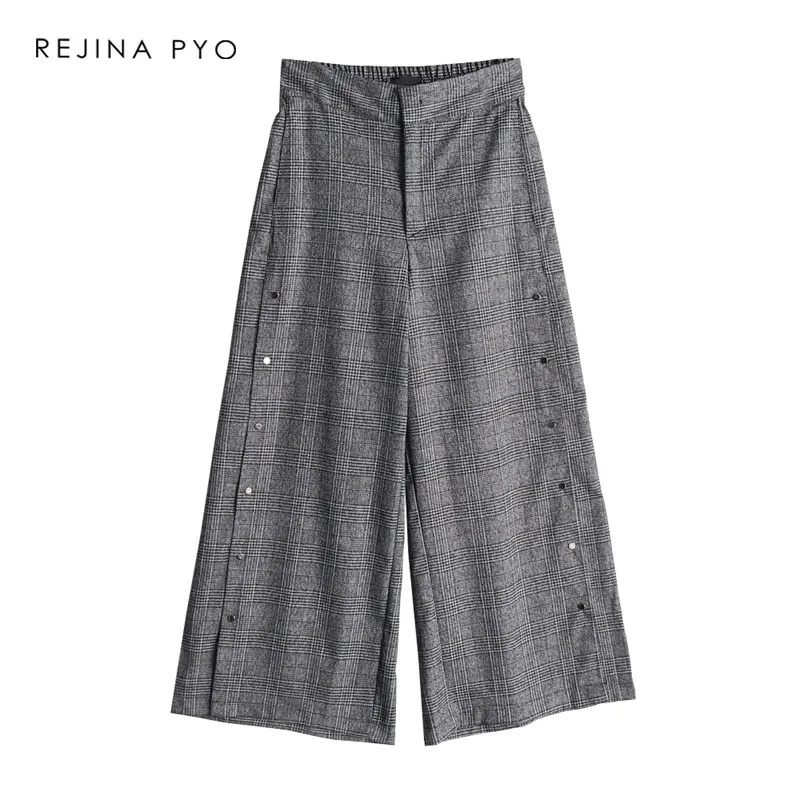 

REJINAPYO Women High Waist Grey Plaid Ankle-Length Pant Female All-match Wide Leg Pant Rivet Decoration Office Lady Casual Pants