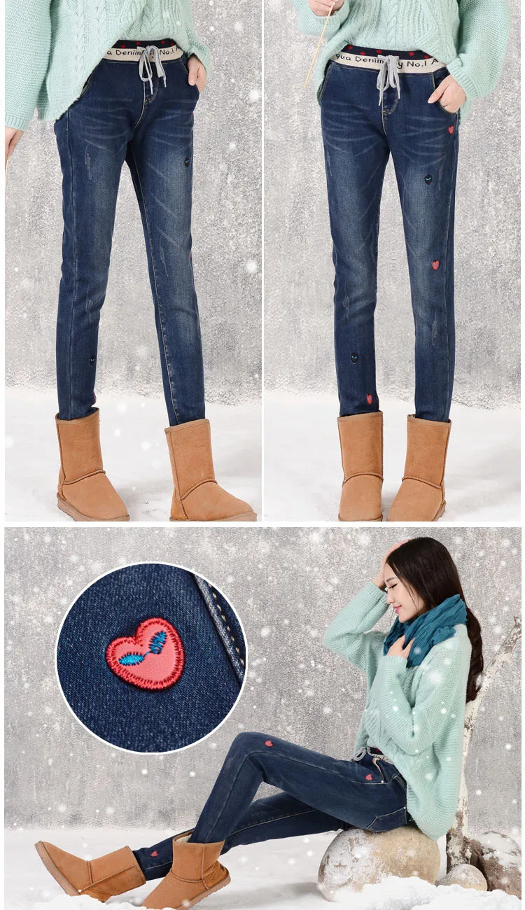 Зимние Джинсы женские теплые флисовые джинсовые брюки женские с эластичной талией Вышивка стрейч узкие джинсы узкие брюки