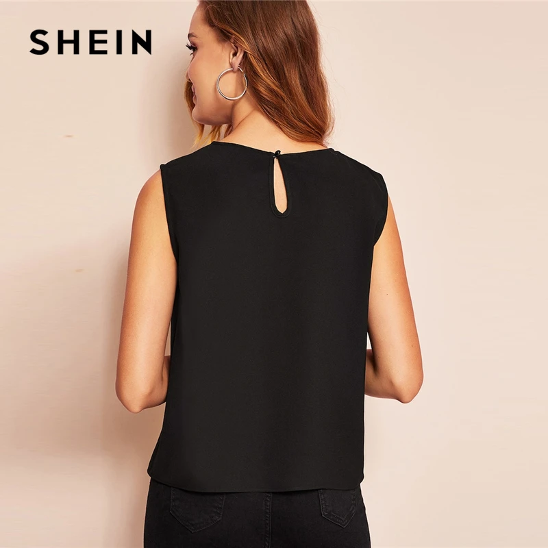 SHEIN الأسود والأبيض اثنين من لهجة صدفي تريم التعادل الجبهة زر أعلى Colorblock أكمام بلوزة المرأة الربيع أنيقة البلوزات SHEIN الأسود والأبيض اثنين من لهجة صدفي تريم التعادل الجبهة زر أعلى Colorblock أكمام بلوزة المرأة الربيع أنيقة البلوزات