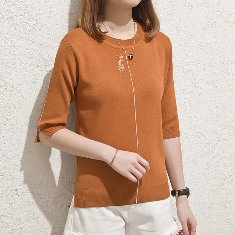 Pullover Sweater Woman 2018 Autumn New Arrival Knitted Sweaters Half Sleeve O-Neck Letter Female Sweater Pullover Pull Femme Pullover Sweater Woman 2018 Autumn New Arrival Knitted Sweaters Half Sleeve O-Neck Letter Female Sweater Pullover Pull Femme