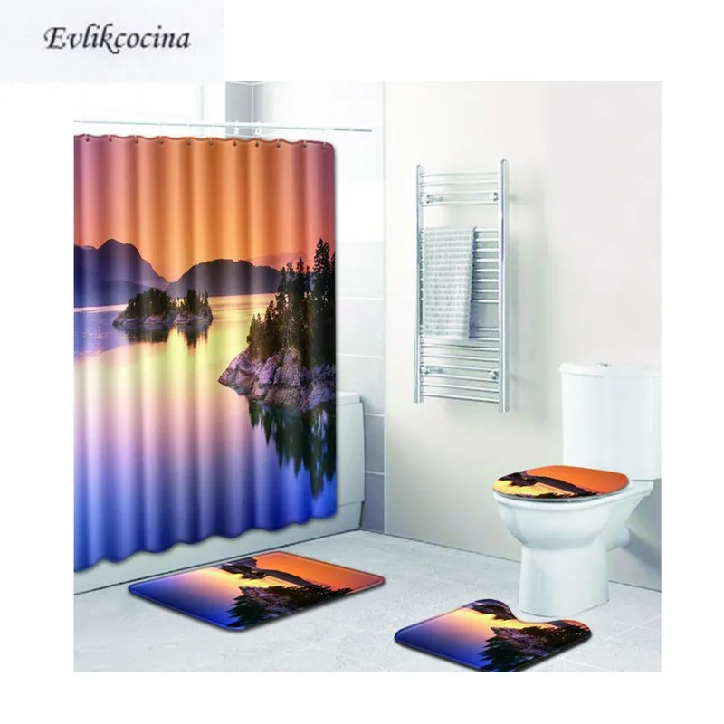 

Free Shipping 4Pcs Sunset Clouds Island Casa De Banho Banyo Bathroom Carpet Toilet Bathmat Set Tapis Salle De Bain Alfombra Bano