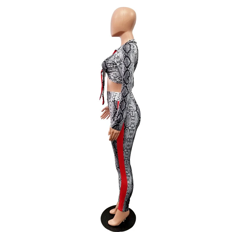 Винтажный Женский комплект из 2 предметов со змеиным принтом, модная красная Лоскутная повязка с бантом, укороченный топ с длинными рукавами и повседневные узкие брюки, наряд