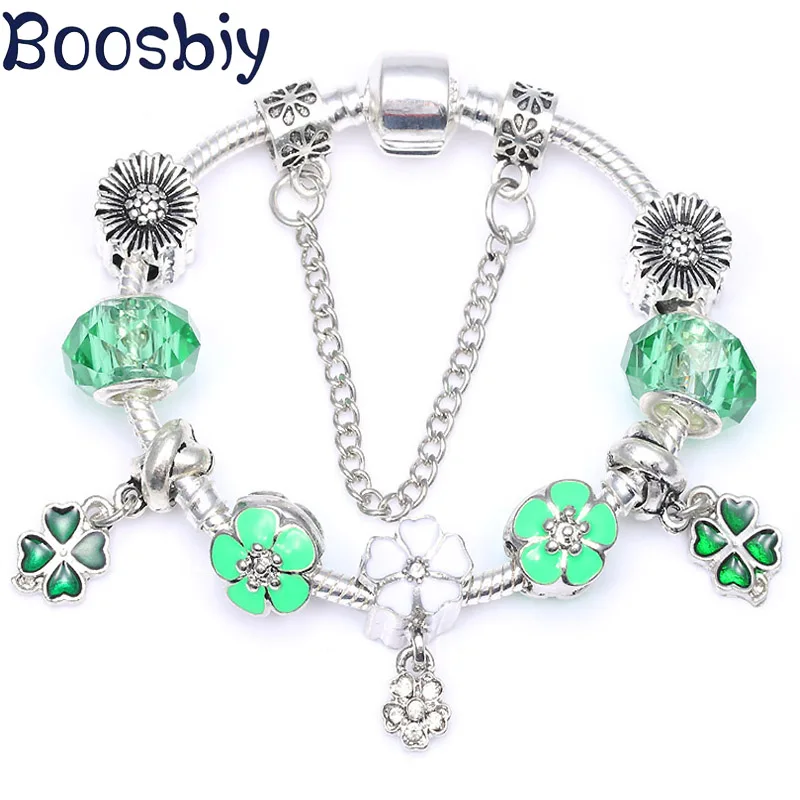 

Boosbiy European Style Fashion Green Flower Beads Charm Bracelet Fits DIY Silver Plated Brand Bracelet For Women Jewelry Gift