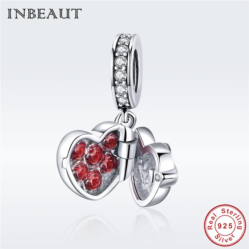 

fit Pandora Bracelet 100% Original 925 Sterling Silver Red Zircon Love Heart Open Gift Box Charms for Lover Pendant Beads DIY