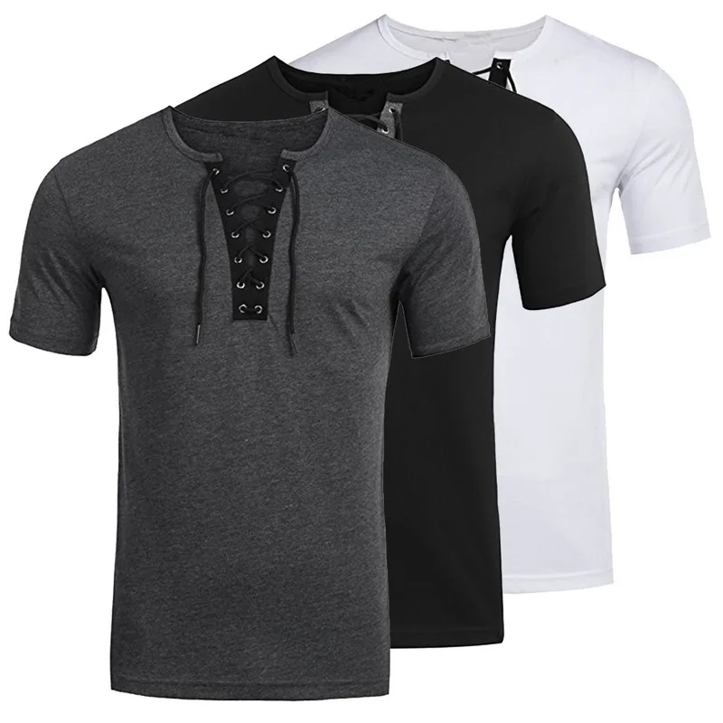

Laamei Men Fashion Solid Tshirt Summer V Neck Cross Lace Up Fitness Slim Mens clothing Vintage Short Sleeve T-shirt camisetas