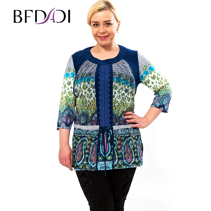 

BFDADI 2016 New Summer T-shirt women O-neck Retro print Casual Shirt Temperament Lace Women Tops Plus Size Free Shipping 7-2214
