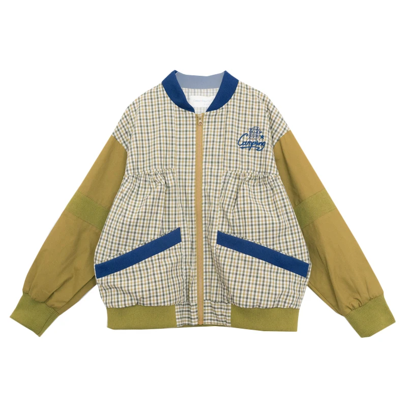 

Autumn Winter New Design Women Basic Jackets Plaid Ribbon Stitching Zipper Outwear Ladies Coats Cartoon Embroidery Loose