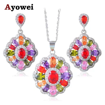 

Wedding Accessories for Ladies New Fashion Jewelry Sets Wholesale & Retail Silver Stamped Color Zircon Earrings Necklace JS655A