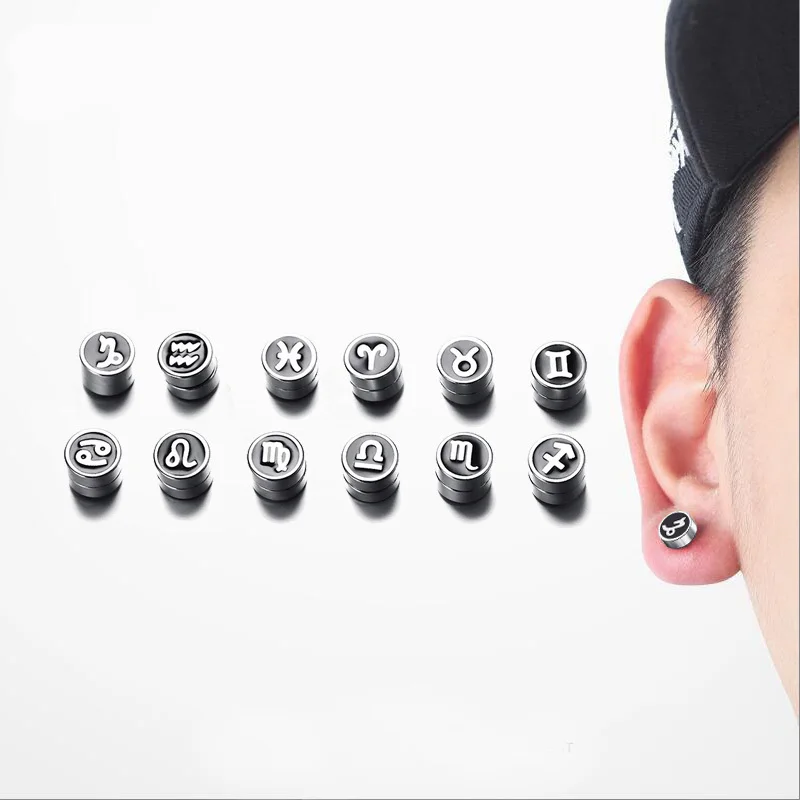 

12 pair 12 Constellations Stainless Steel Magnetic Earrings Clip On Ear Fake Stud Earings No Piercing Male Jewelry Brincos