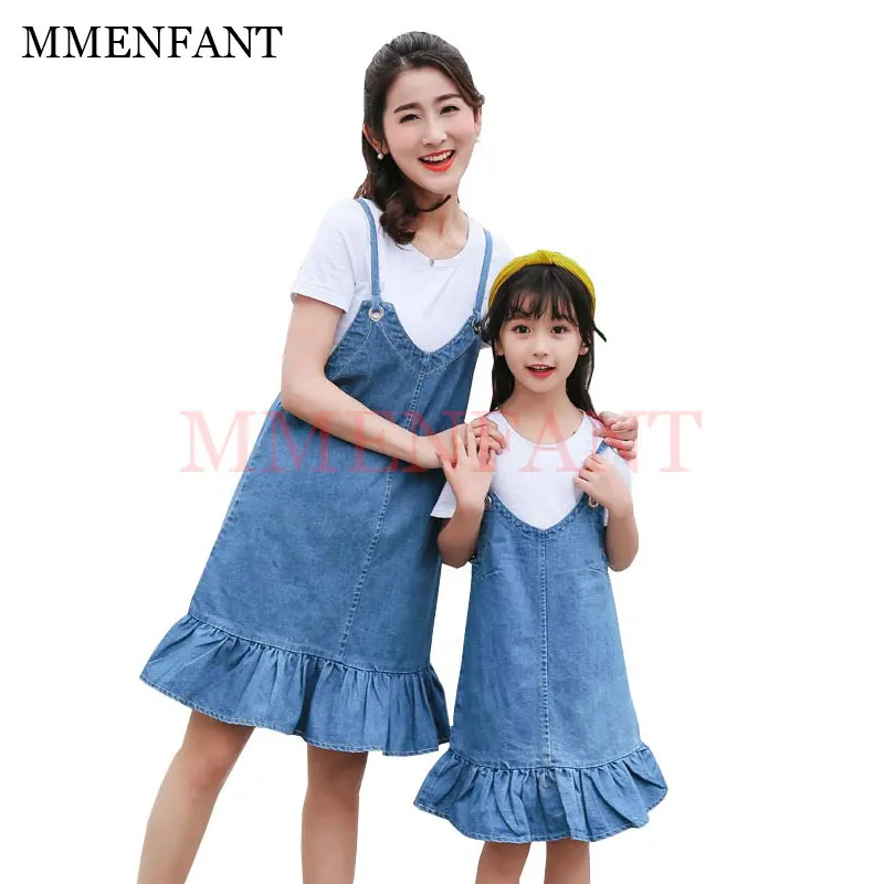 

2pc mother daughter dresses white t-shirt+Denim dress 2017 summer sets mother and daughter clothes sets mom and daughter dress