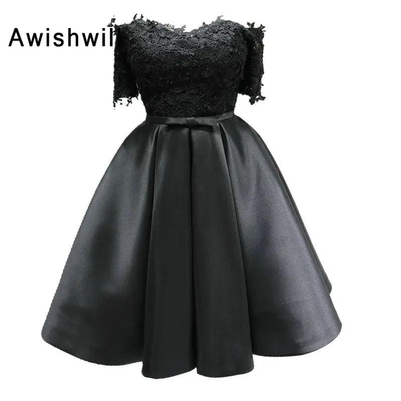 Real Photo Off the Shoulder Lace Satin Black Cocktail Dresses With