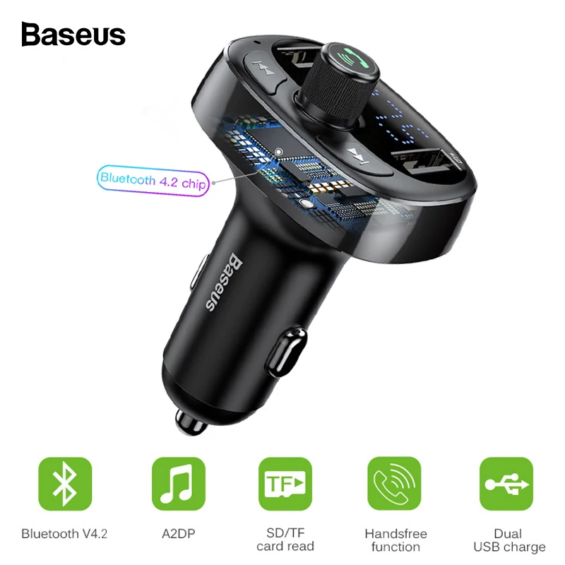 Baseus Bluetooth 4.2 Car Charger Kit FM Transmitter Handsfree Audio MP3 Player 3.4A Dual USB Aux Modulator Mobile Phone Charger