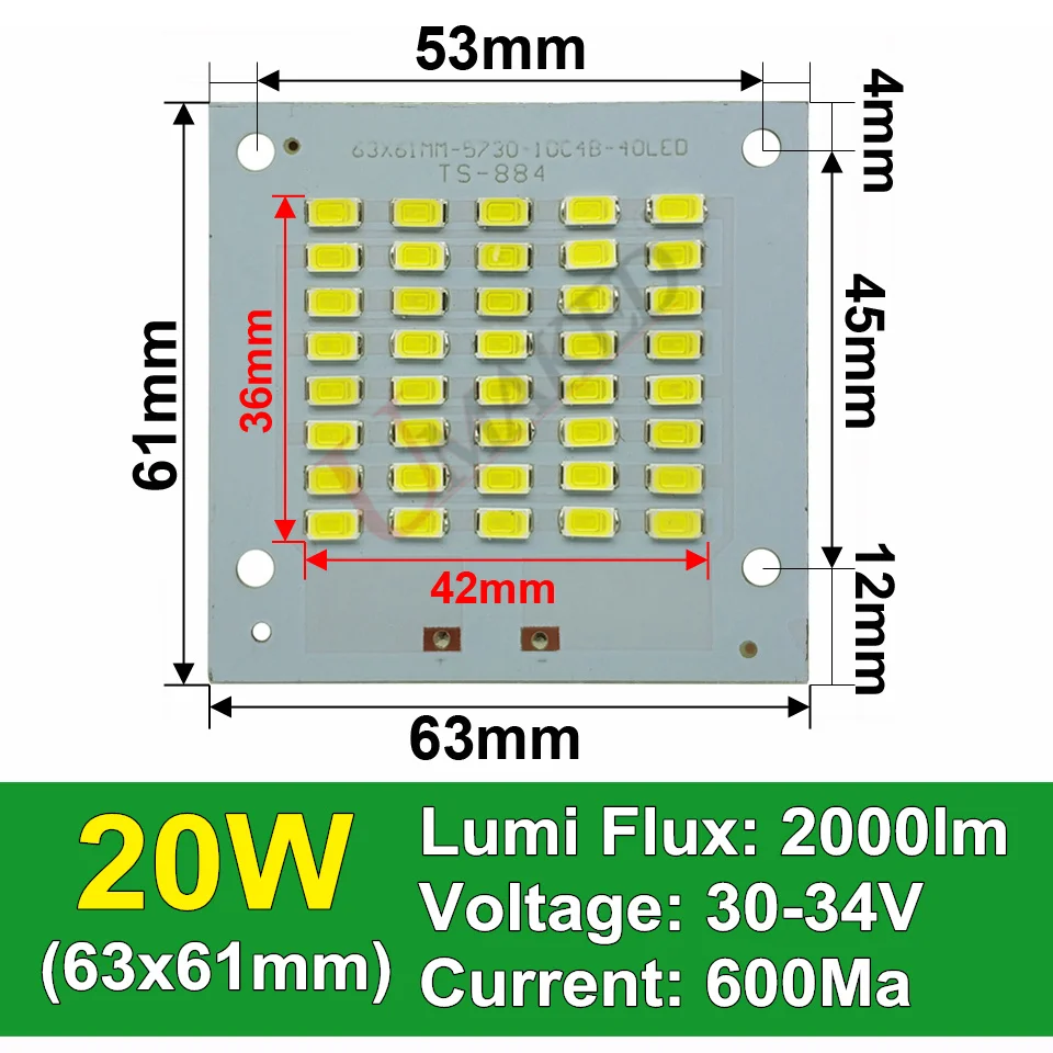 100% полномощный светодиодный PCB 20 Вт 2000лм SMD5730 чип 63x61 мм прожектор алюминиевая