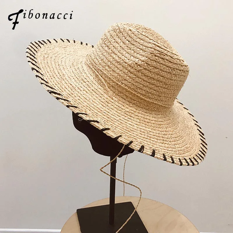 

Fibonacci High Quality 12cm Wide Brim Raffia Sun Hat for Women Men Jazz Cap Panama Floppy Hat Summer Straw Beach Hat
