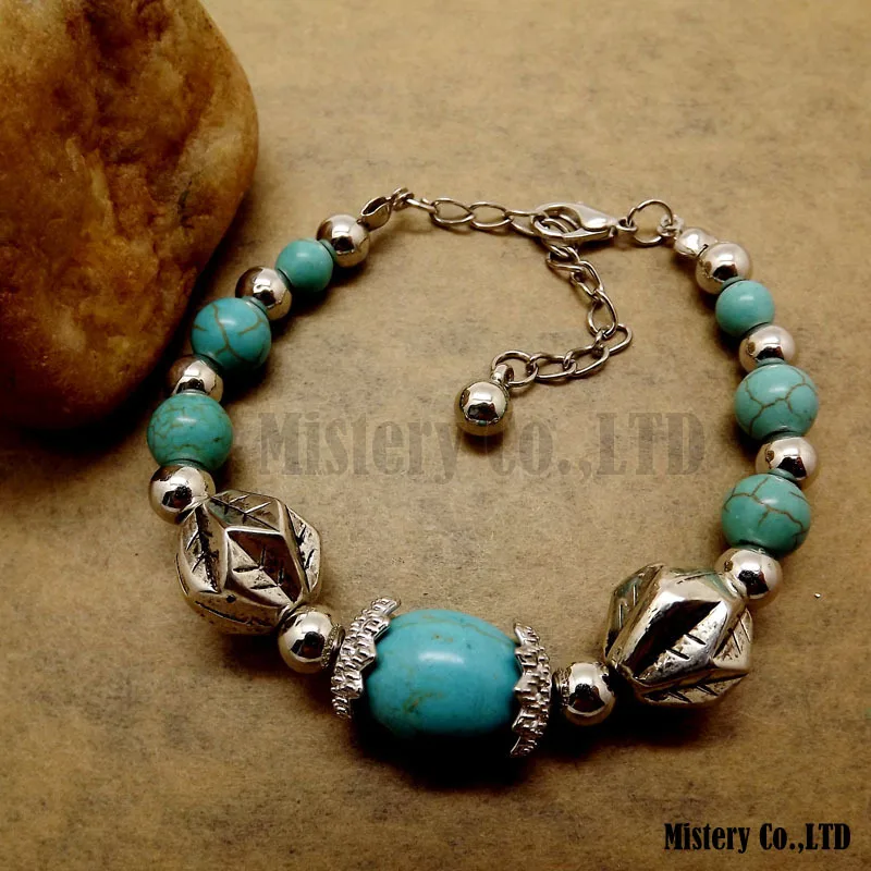 

Gypsy Balls Charm Tibetan Silver Blue Stone Vintage Beaded Bracelet for Women Girls Fashion Jewelry Jewellery Gift
