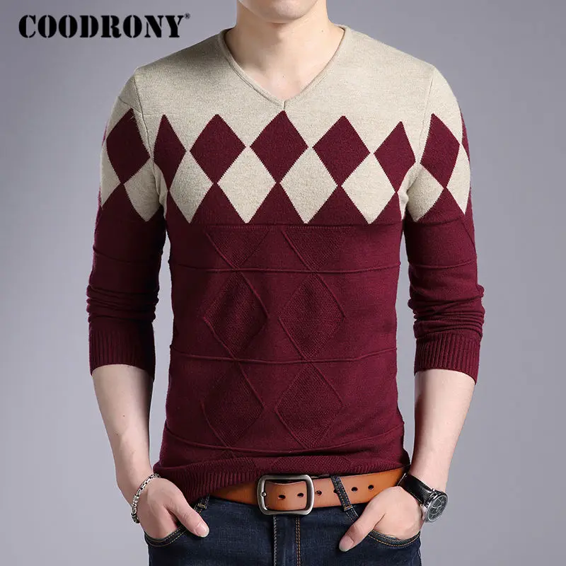 COODRONY الكشمير رداء علوي من الصوف الرجال 2019 الخريف الشتاء يتأهل البلوفرات الرجال أرجايل نمط الخامس الرقبة سحب أوم عيد الميلاد البلوزات