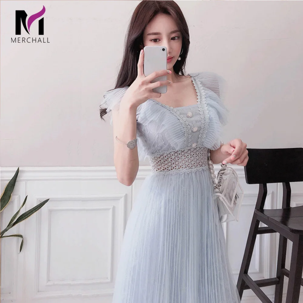 

Summer Lace Trims Patchwork Mesh Pleated Dress Women Sleeveless Ruffless Peals Button Hollow Out Party Dresses Sweet Clothes