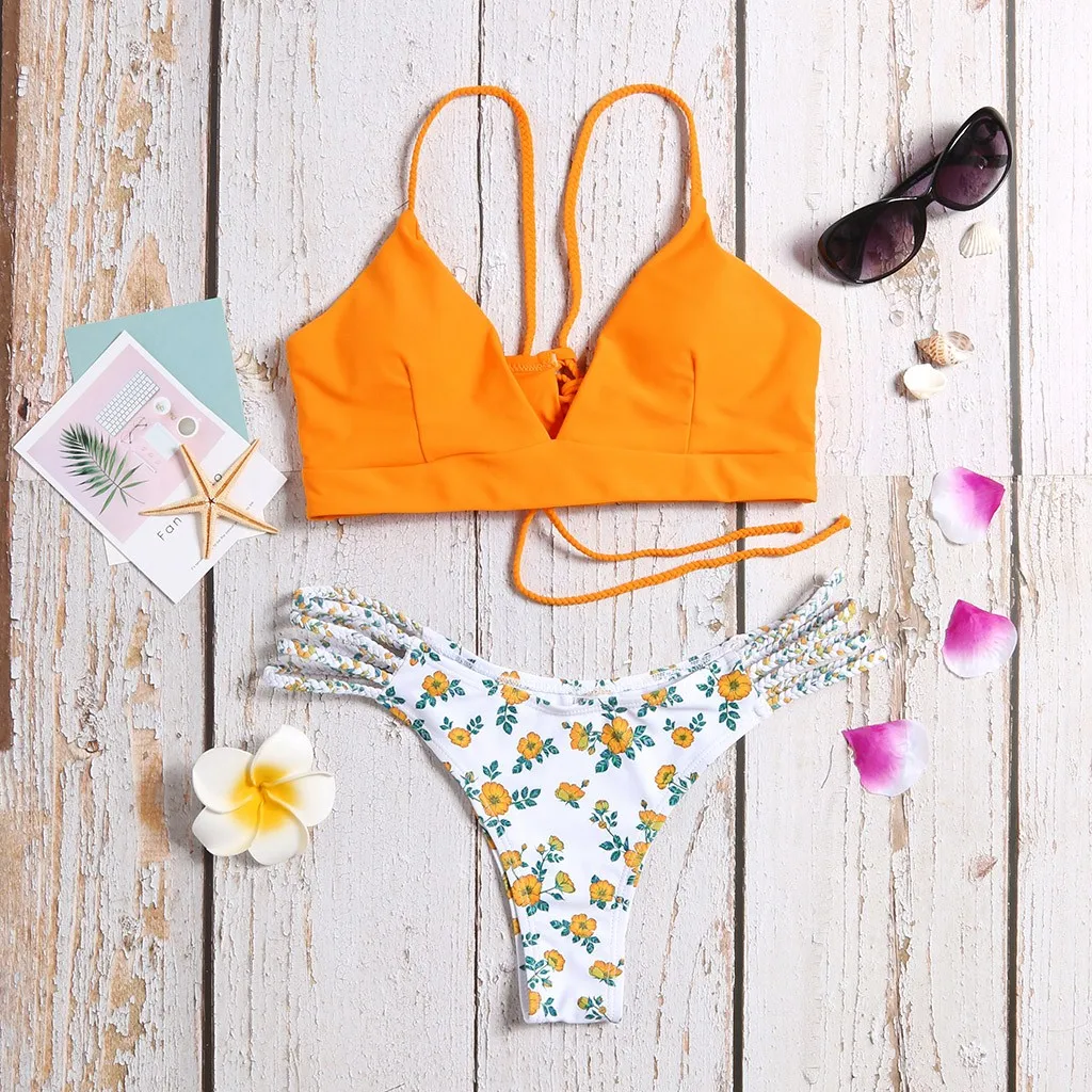 

Bikini Low Waisted Push-Up Two-Piece Sexy Pad Bandage Beachwear Suits Brazilian Girls Flower Swim Female Swimwear #T