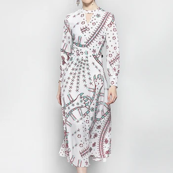 

XF Boho Summer Women Dress 2019 Party Runway Designer High Quality Flower Print Dresses V-Neck Long Sleeve Leisure Vacation