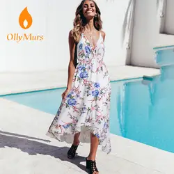 OllyMurs модное женское Летнее цветочное платье без рукавов с глубоким v-образным вырезом в стиле бохо повседневное Длинное Макси Вечернее