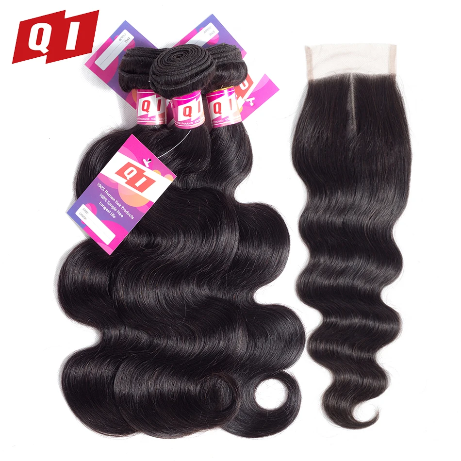 QI Hair Body Wave Brazilian 100% Human Bundles Natural Color 3 With Lace Closure Non Remy Extension | Шиньоны и парики