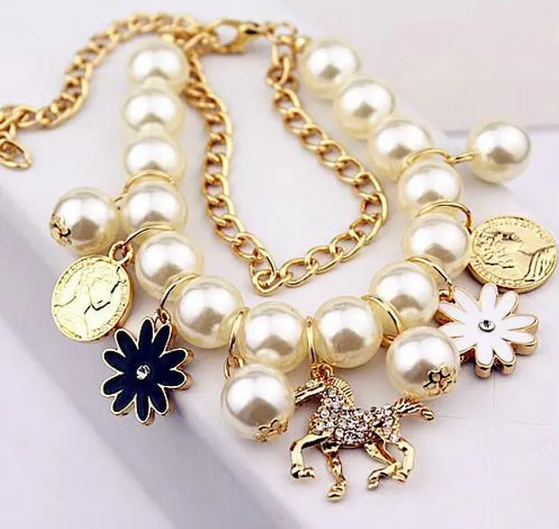 

New Style Simulated-Pearl Chain rhinestone horse flowers layers tassel Bracelet Bangle Novelty Hot Selling TH-B379