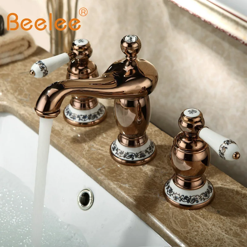 

Beelee Mixer Tap Three Holes Double Handles Widespread Bathroom B Faucet with Ceramic Handle, Polished Rose Gold