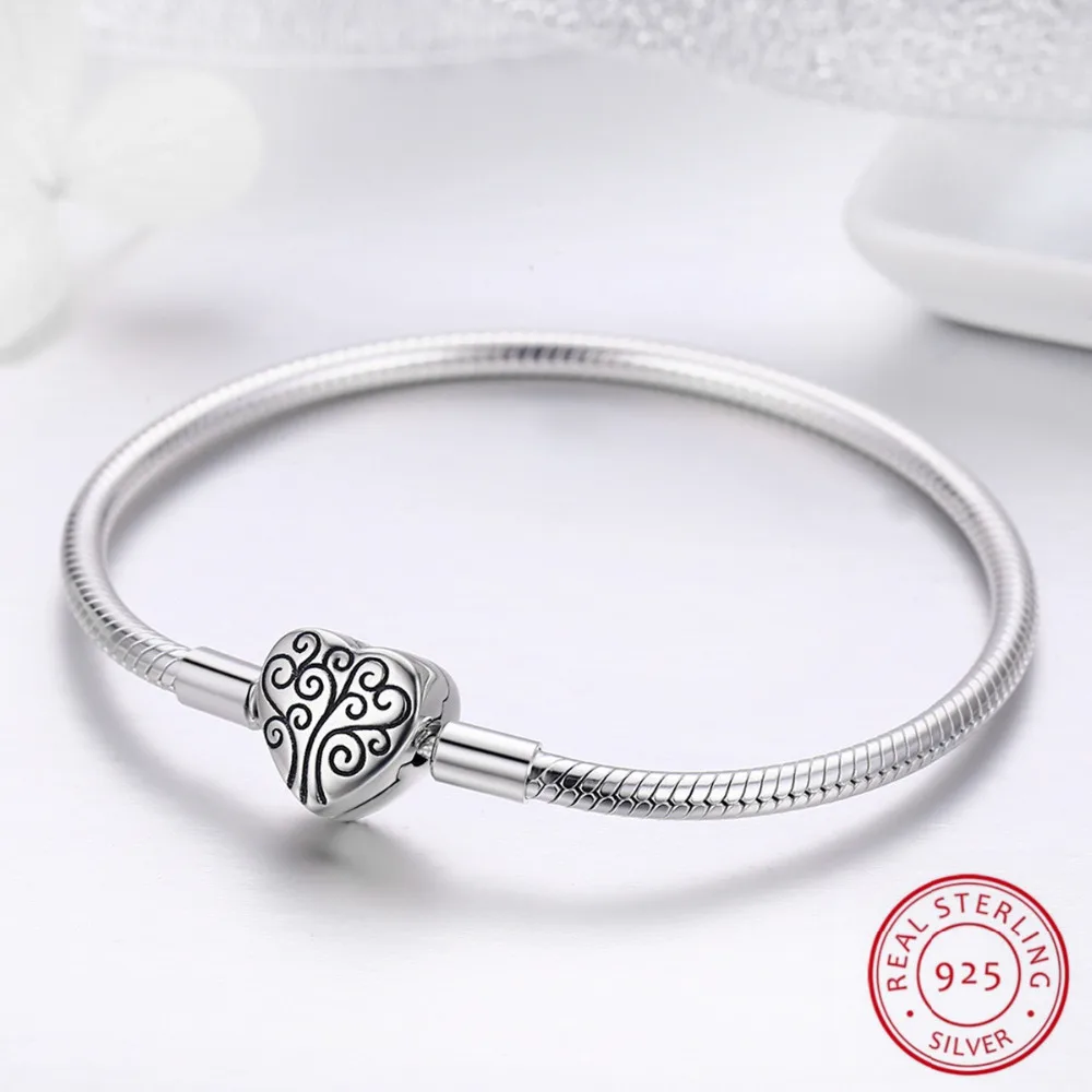 

100% 925 Sterling Silver Family Tree of Life Heart Shape Clasp Snake Chain Bracelet & Bangle for Women Sterling Silver Jewelry
