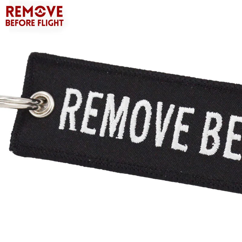 REMOVE BEFORE FLIGHT Keyings Special Luggage Tag Label Black Embroidery Key Ring Chain Aviation Gifts OEM Keychain Key Fobs Easy Reach11