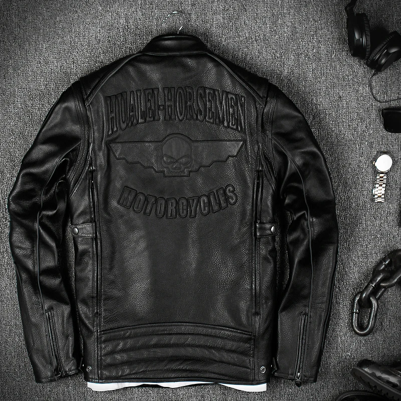 

Men's Genuine Leather Jackets Stand Collar Overcoat Slim Skull Pattern Motorcycle Jacket Biker Jacket Mens Thick Warm Coat 3XL