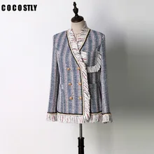 Винтажный стильный двубортный потертый твидовый пиджак, пальто для женщин, новая мода, длинный рукав, женская верхняя одежда, повседневная, Casaco Femme