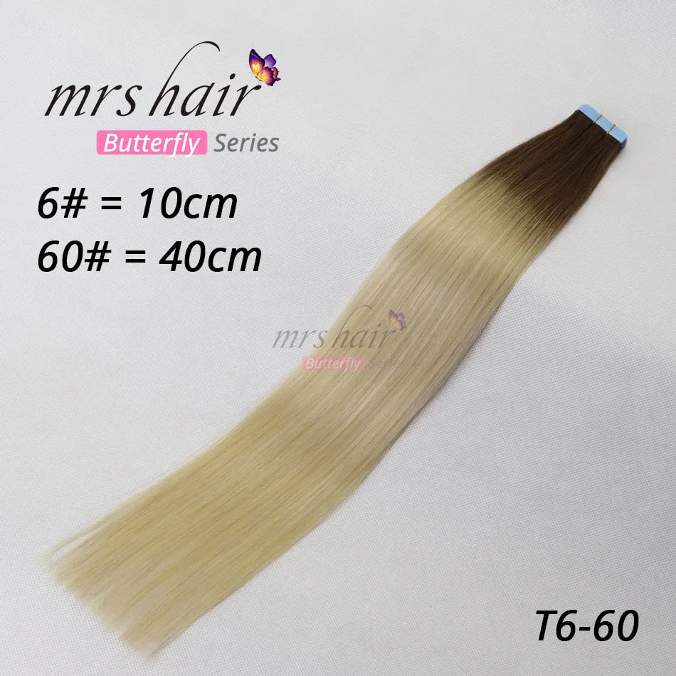 T6/60 # MRS HAIR лента для наращивания человеческих волос 1"-24" не Реми волосы на ленте ПУ кожа Уток Бесшовные человеческие волосы 20 шт - Цвет: T6/60 #
