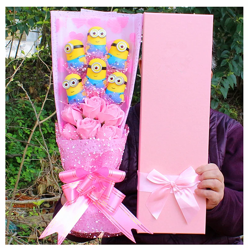 

Valentines Day Gifts Box-packed 6 PCS Banana Doll Flower Cartoon Dolls Bouquets Box Pure Color Handmade Rose Gifts for Girl H264