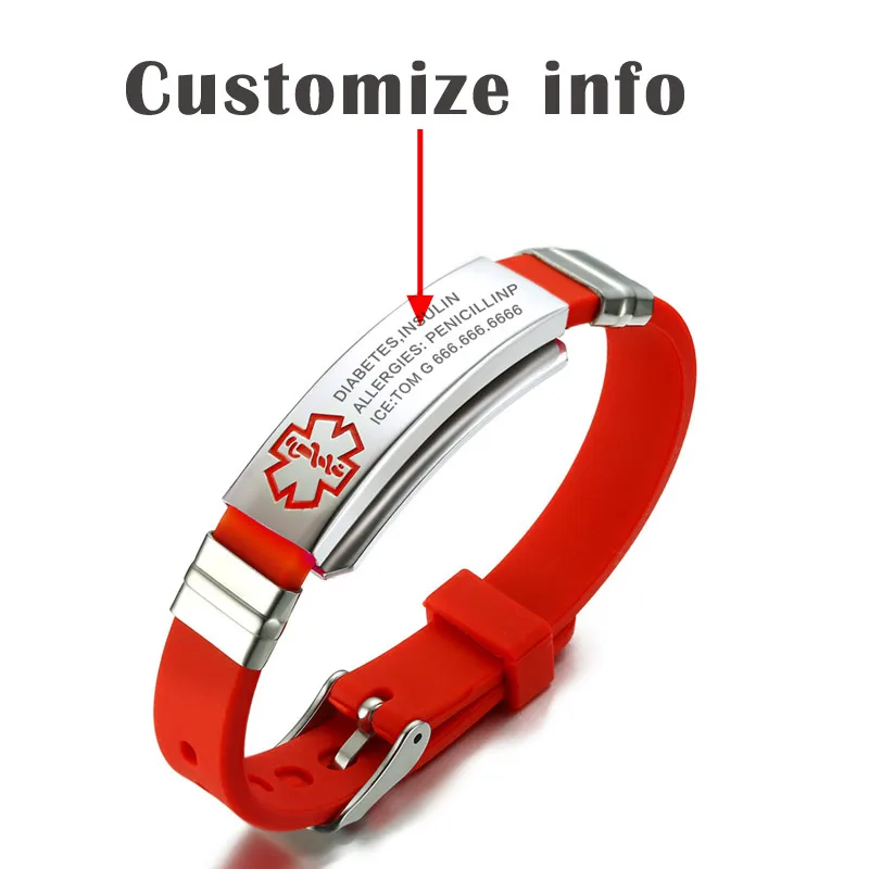 Изготовленный На Заказ гравировальный медицинский браслет для женщин из нержавеющей стали и силикона аварийный напоминание ювелирные изделия - Окраска металла: red add engrave