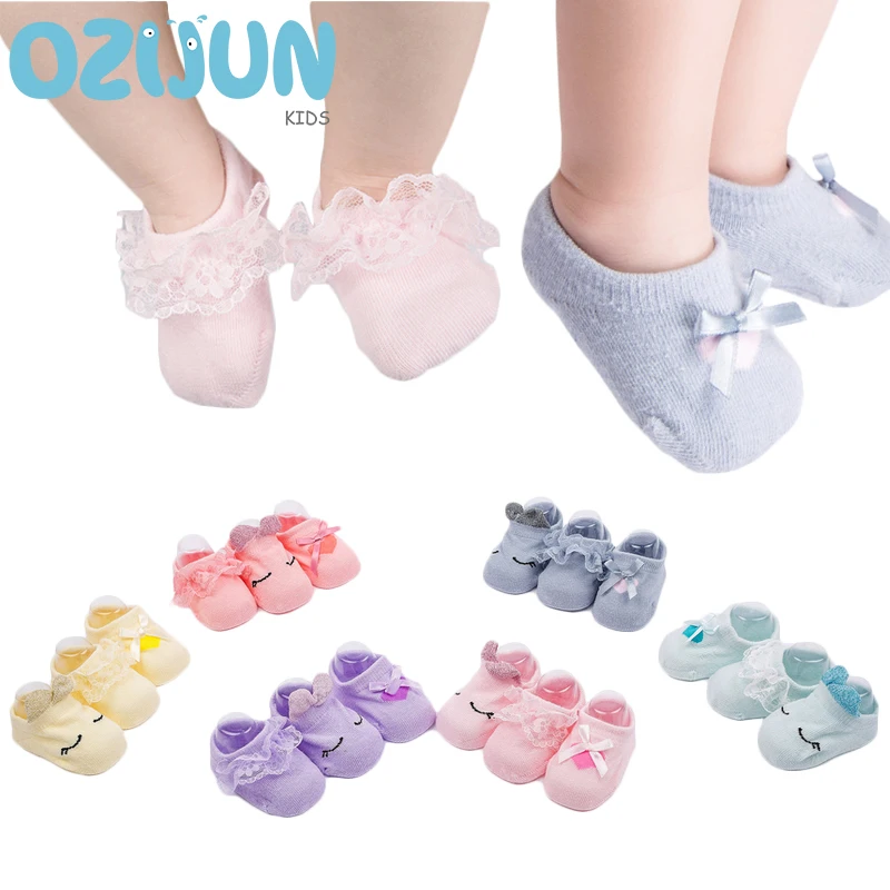 

3 Pairs/lot Baby Girls Lace Socks Bow And Love Eyes Closed Rabbit New Born Baby Socks Lot Anti-slip Toddlers Infant Princess