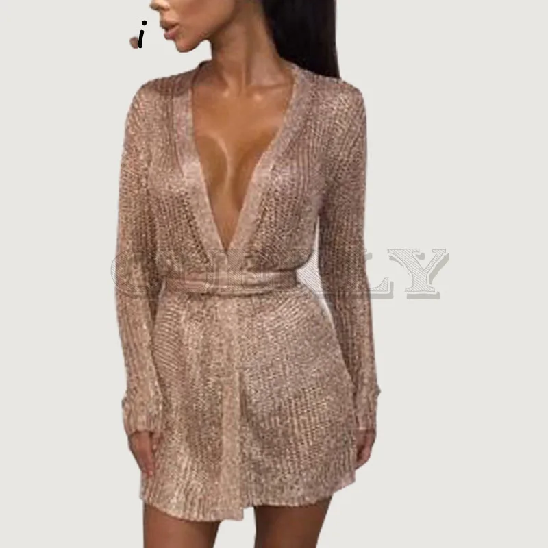 

Cuerly sexy party shine knitted cardigan dress deep v neck bodycon rose gold dress spring bow wrap very mini short dress L5